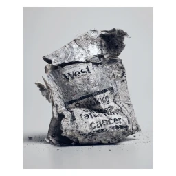 Close-up of a heavily crushed and soiled cigarette pack resting on a plain white surface by Maxime Poiblanc