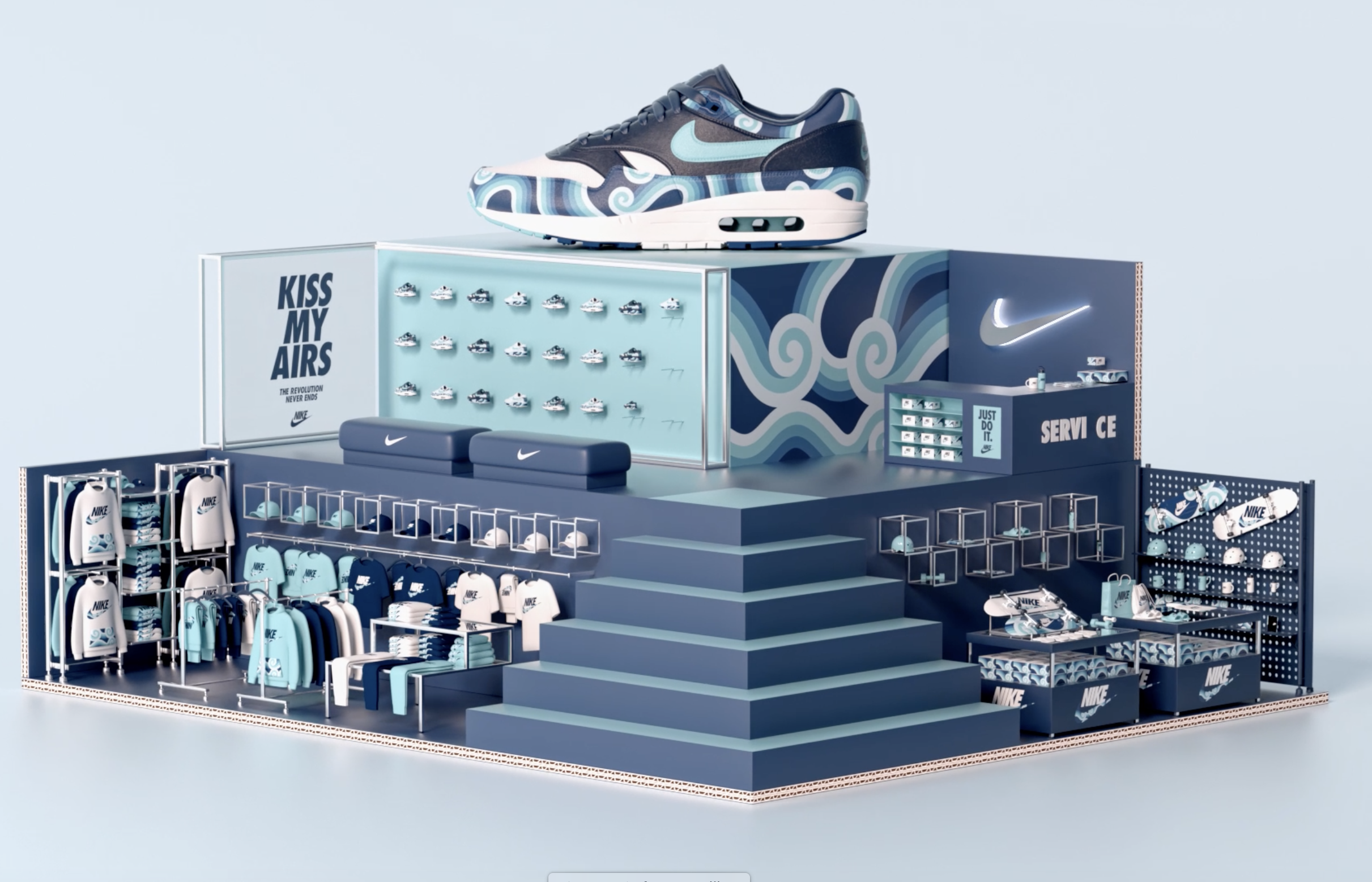 Nike Air Max sneaker atop a miniature storefront display with apparel, shoes, and accessories, all in shades of blue and white.