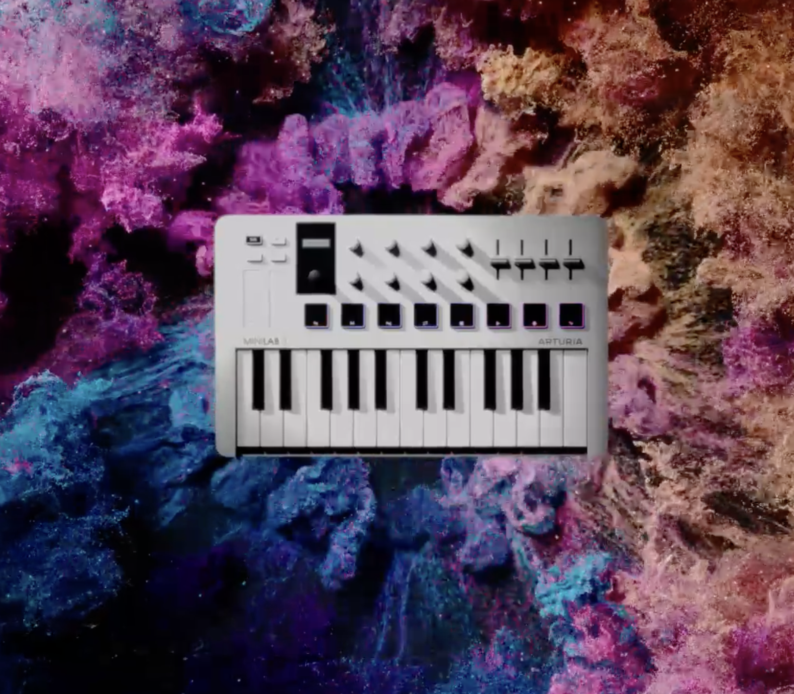 Arturia MIDI keyboard synthesizer, white keys, surrounded by swirling vibrant hues of magenta, purple, blue, and gold.