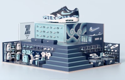 Detailed diorama of a blue Nike sneaker store display featuring apparel racks and a giant sneaker on top