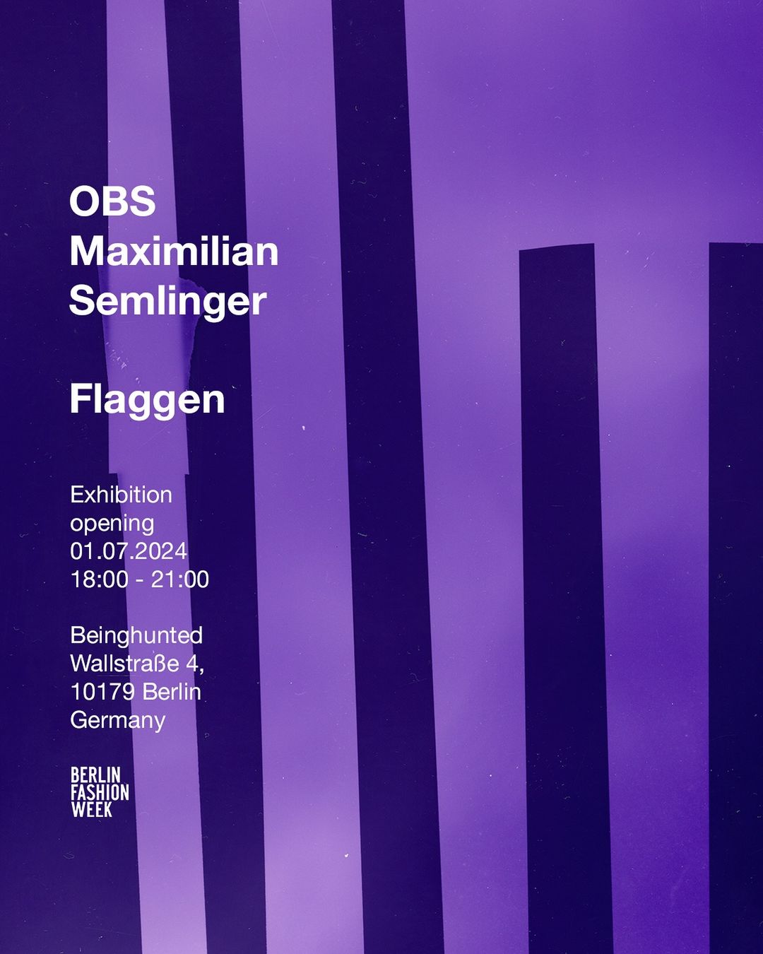Fashion week announcement poster: Text with fashion exhibition details in purple tones and minimalist striped background design.
