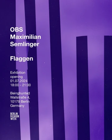Fashion week announcement poster: Text with fashion exhibition details in purple tones and minimalist striped background design. 
