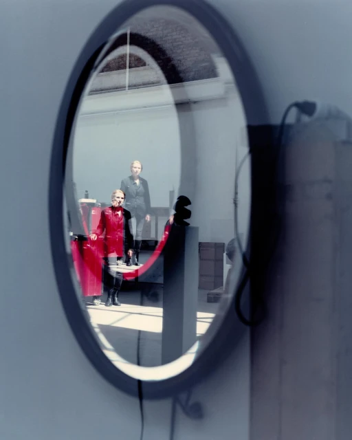 Reflection in a round mirror featuring two women in a room; one wears a red jumpsuit and the other a dark jacket.
