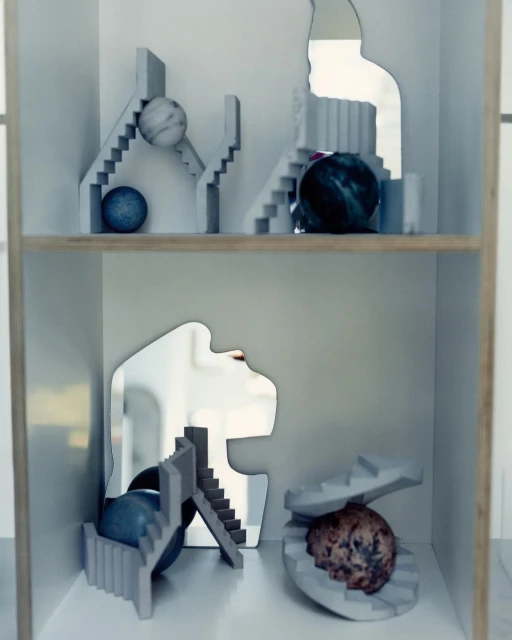 Still life of geometric objects on shelves, featuring spheres, staircases, and mirrors in a minimalist composition with muted colors.
