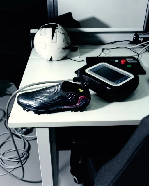 A dark cleat-style soccer shoe sits on a white table next to a black device and a soccer ball, showcasing a sports product.