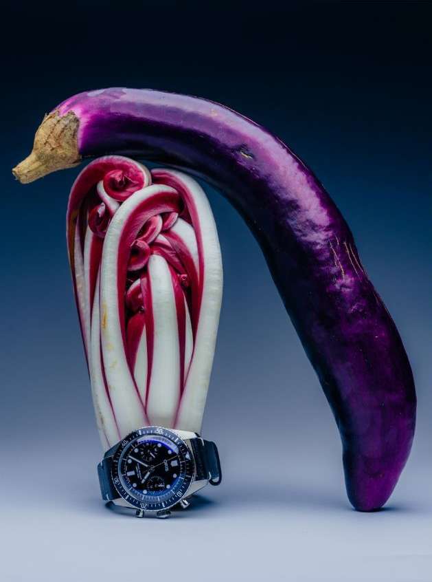 Still life shot featuring an eggplant, radicchio, and wristwatch, set against a softly graduated light blue background, studio shot.