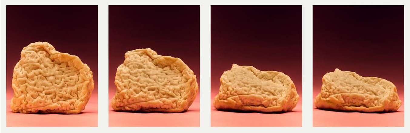 Four blocks of beige tofu stand in a line on a pink surface against a dark red background, showcasing textured surfaces and organic forms.