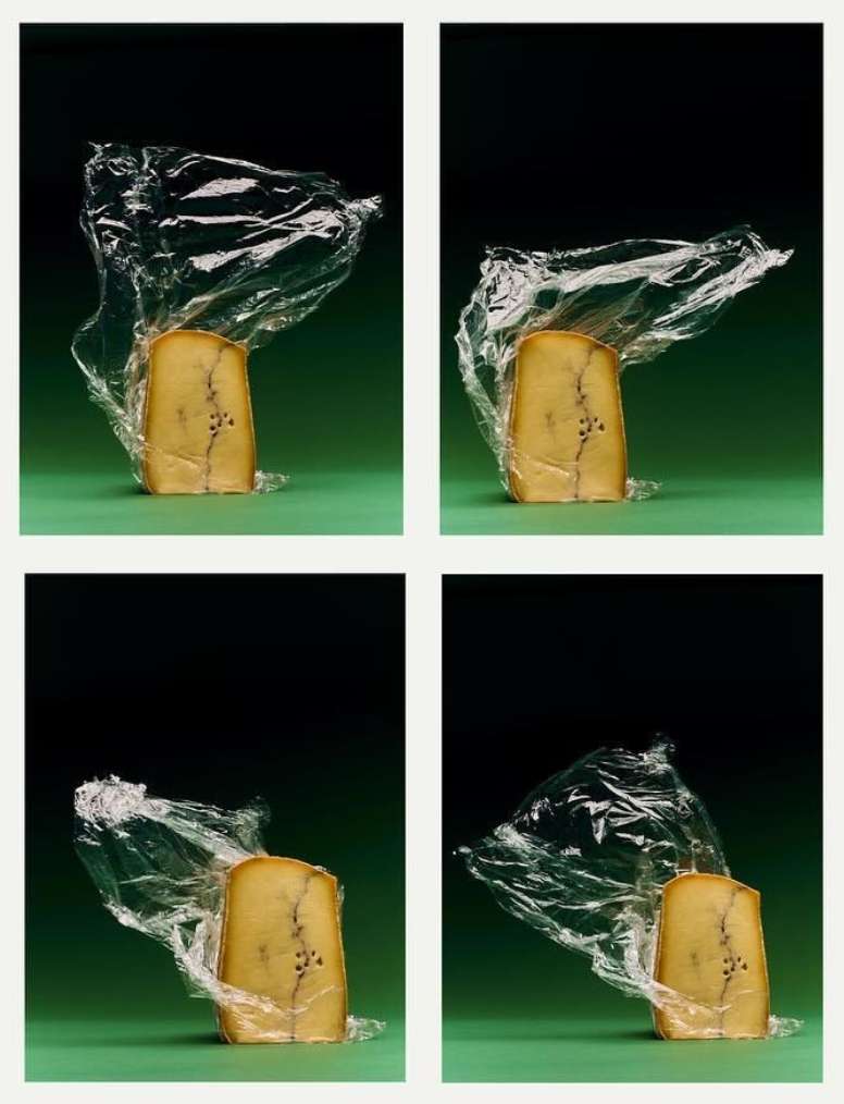 Four images arranged in a grid pattern display cheese blocks wrapped in plastic, set against a green surface and a dark background.