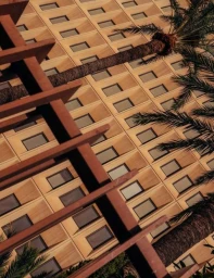Low angle view of a repeating grid building facade framed by wooden beams and palm trees in London.