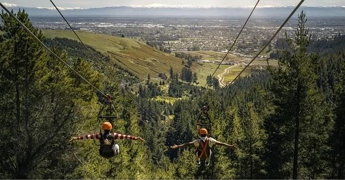 Two people zip-lining through a forest. The background shows a valley, distant snow-capped mountains and a partly cloudy sky.