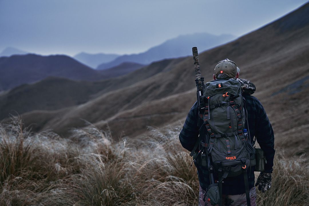 Back view of a man with a backpack walking up a mountain in a rural setting with tall grass in the foreground and mountains in the distance.