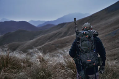 Hunter with tactical backpack and rifle walking through dry mountain grass in New Zealand by Maxy