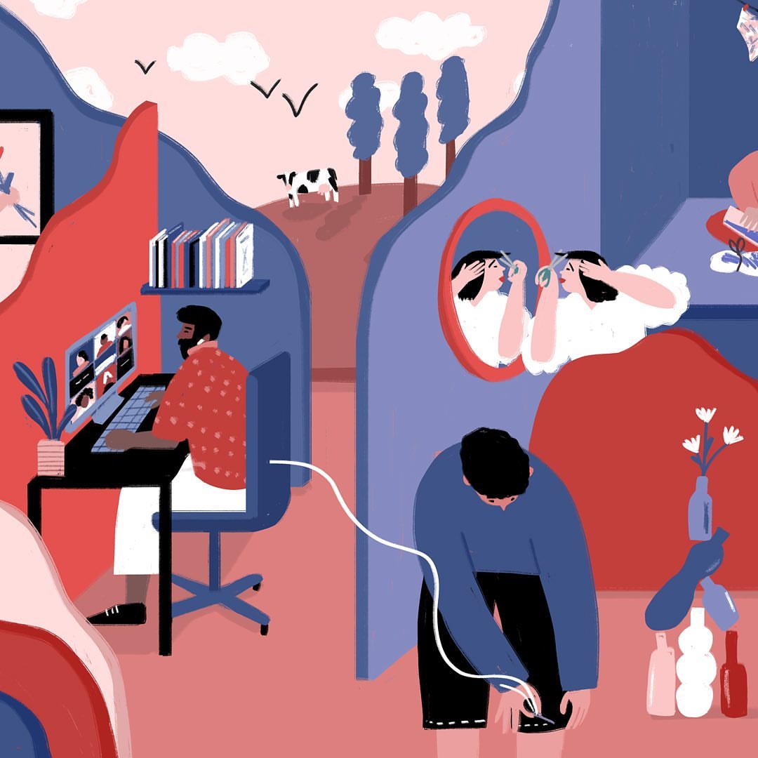 Stylized digital illustration depicts people working from home with computers, mirror reflection, a cow in a field, trees, and birds.