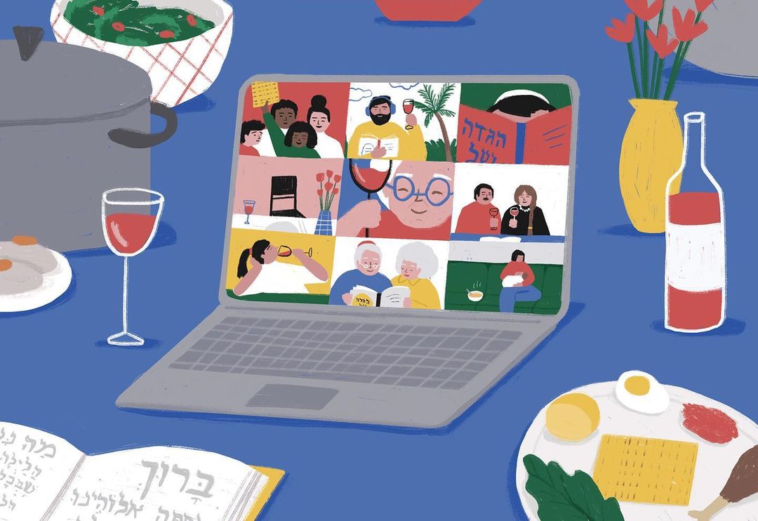 Illustration of a virtual Passover Seder with diverse people on a laptop screen, surrounded by traditional Seder foods and Hebrew texts.
