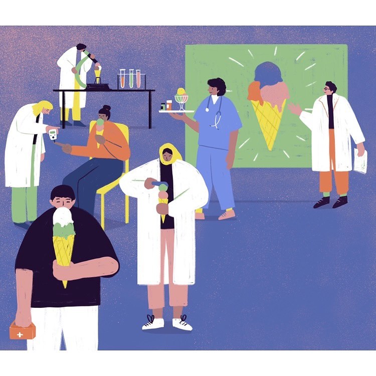 Illustration of people in lab coats holding ice cream cones in an indoor setting with lab equipment and ice cream cone graphic.