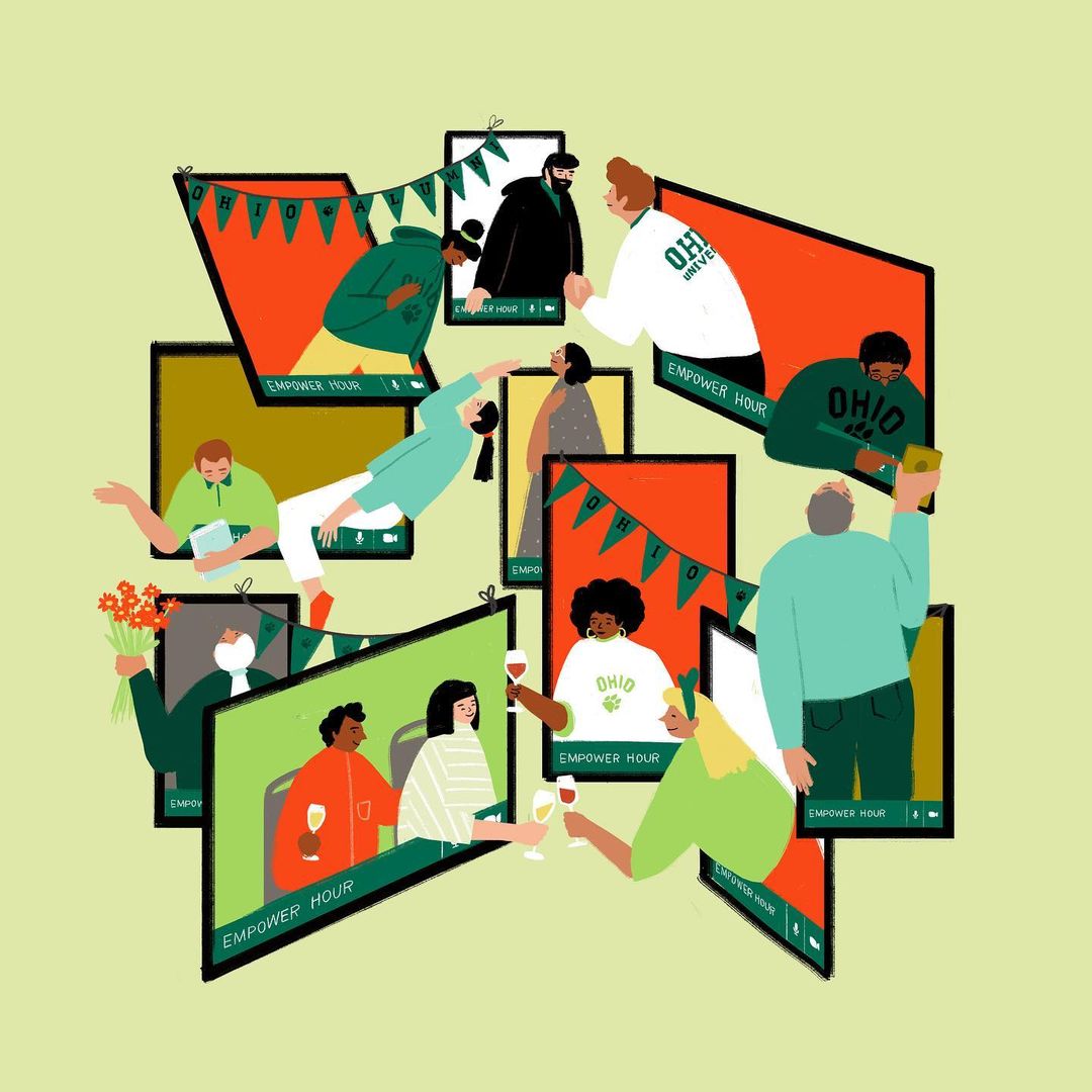 Digital artwork of 10 people in video conference with festive garlands, raising wine glasses and holding flowers, in a green background.