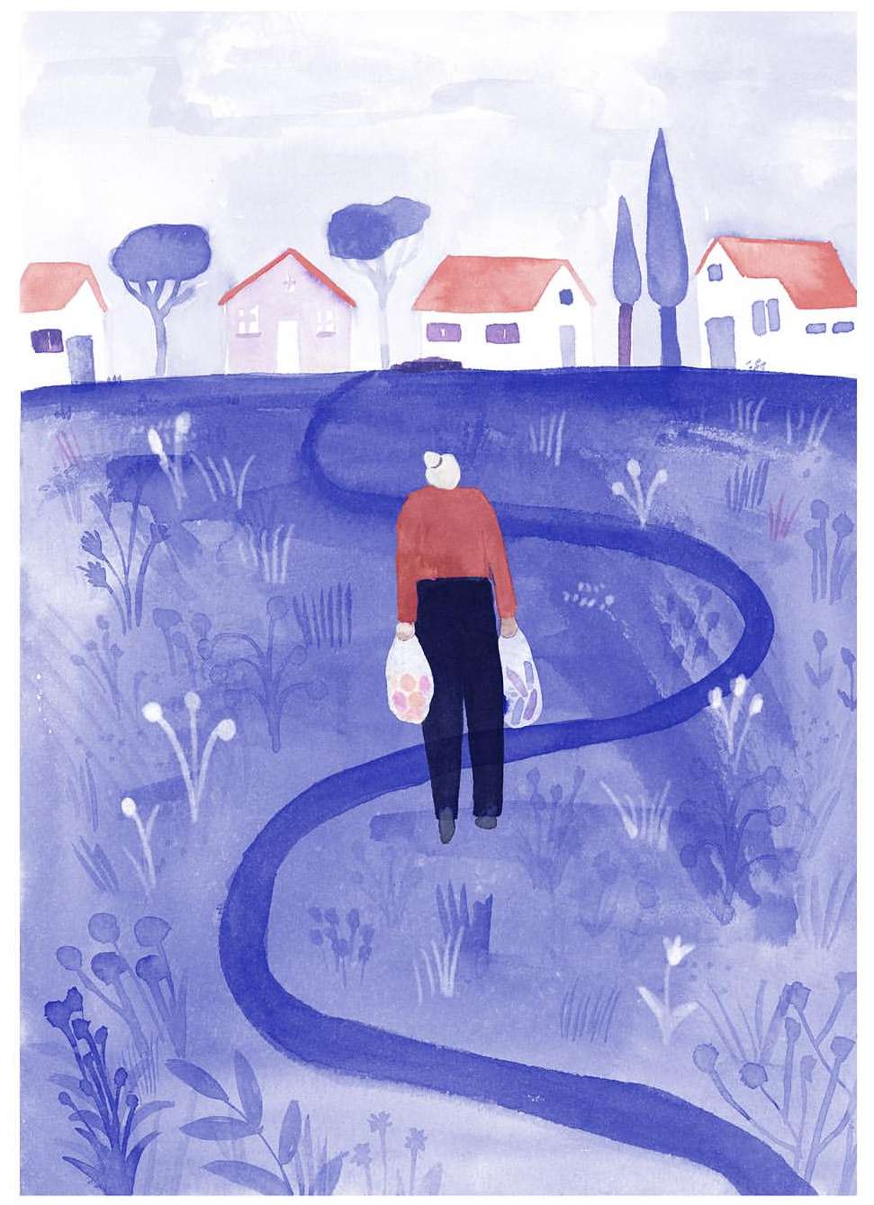 Illustration of a person walking on a blue path through a field toward houses, depicted in a watercolor style with a calming color palette.