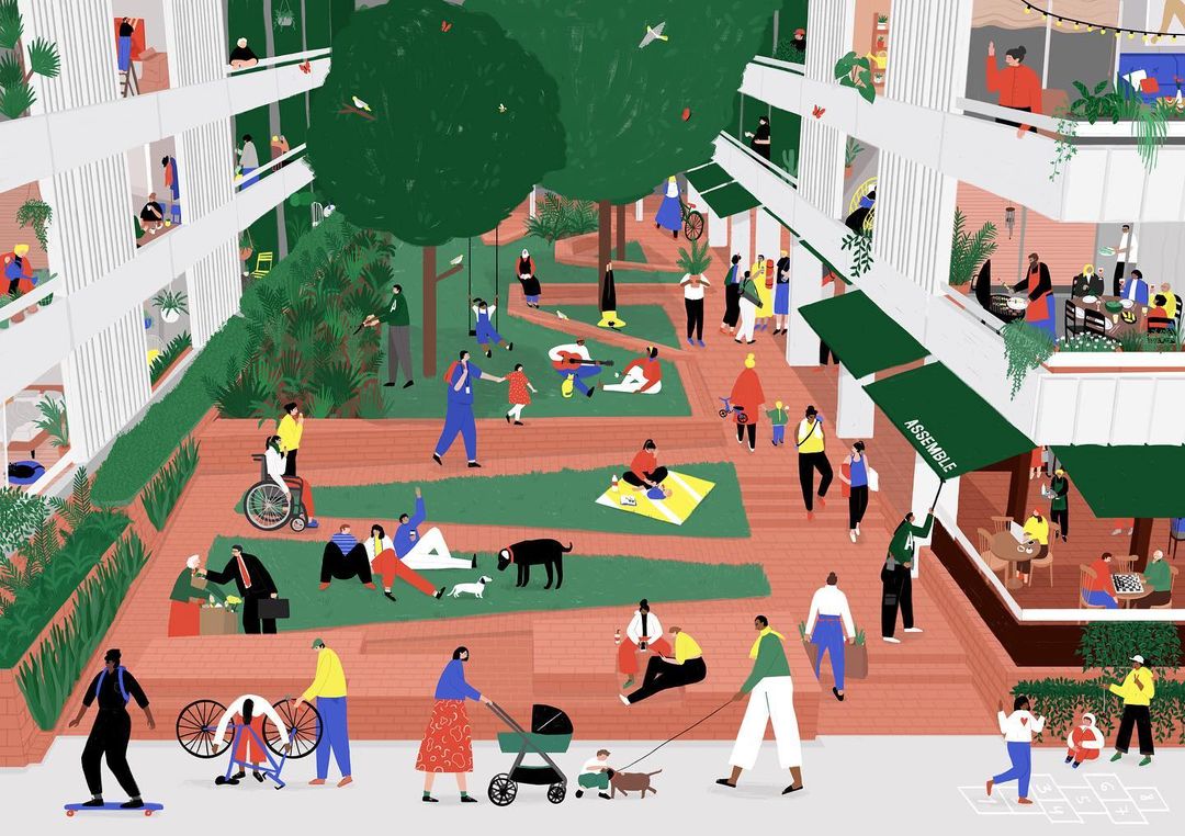 Illustration of a vibrant apartment complex courtyard with diverse people engaging in various activities amidst lush greenery.