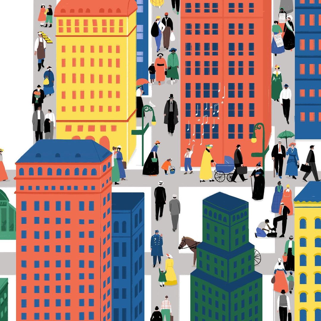 Illustration of a busy city street with colorful buildings and numerous pedestrians in varied clothing, under a bright daylight sky.