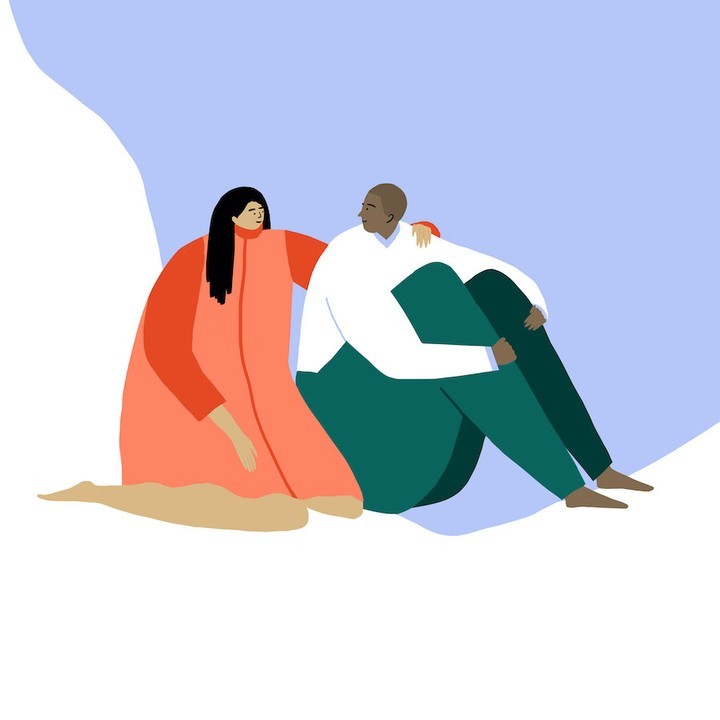 Illustration of a couple sitting together on a white surface against a light blue background. A woman rests her hand on the man's shoulder.