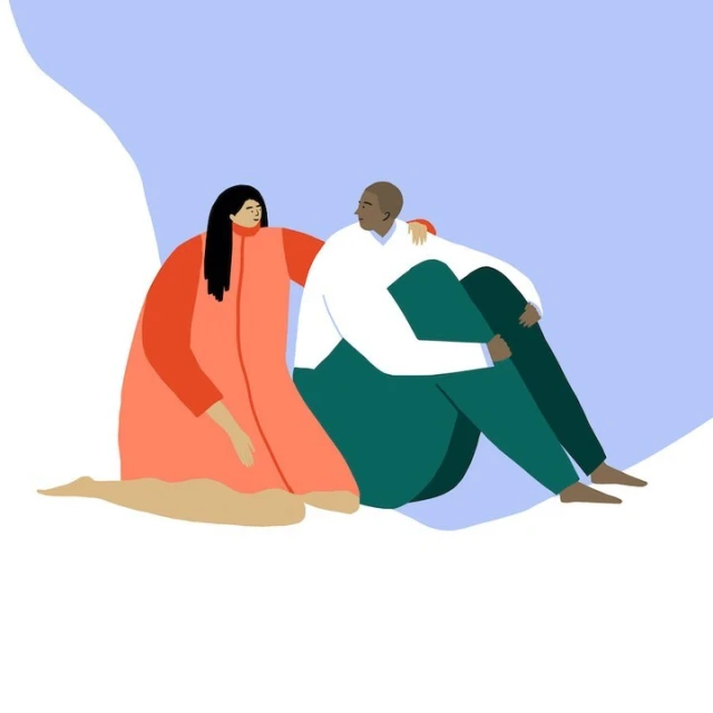 Illustration of a couple sitting together on a white surface against a light blue background. A woman rests her hand on the man's shoulder.