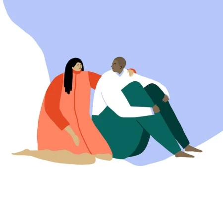 Illustration of a couple sitting together on a white surface against a light blue background. A woman rests her hand on the man's shoulder.