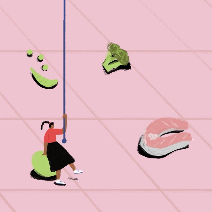 Digital art illustration of a woman sitting on a lime-green ball hanging from a blue bar, with broccoli, fish, and peas surrounding her.