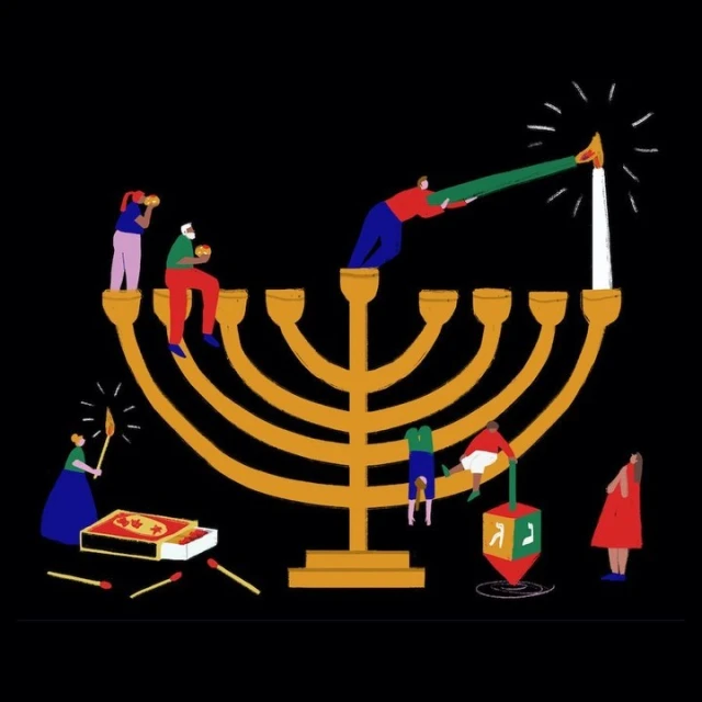 Illustration of people interacting with a large menorah and dreidel. Hanukkah celebration art features a diverse group in a festive scene.