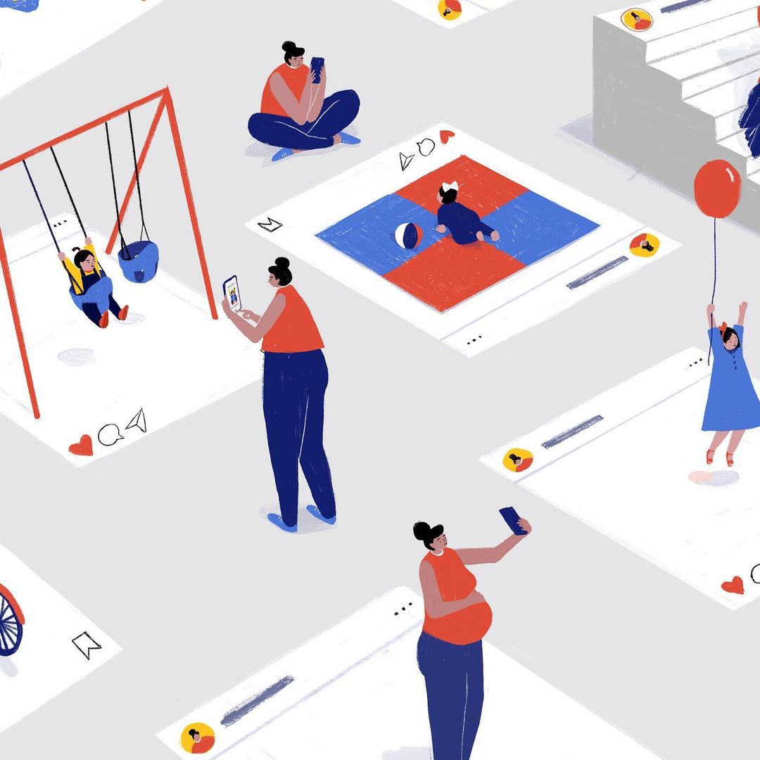 Illustration of adults and children using smartphones and interacting with online content, depicted on a gray background.