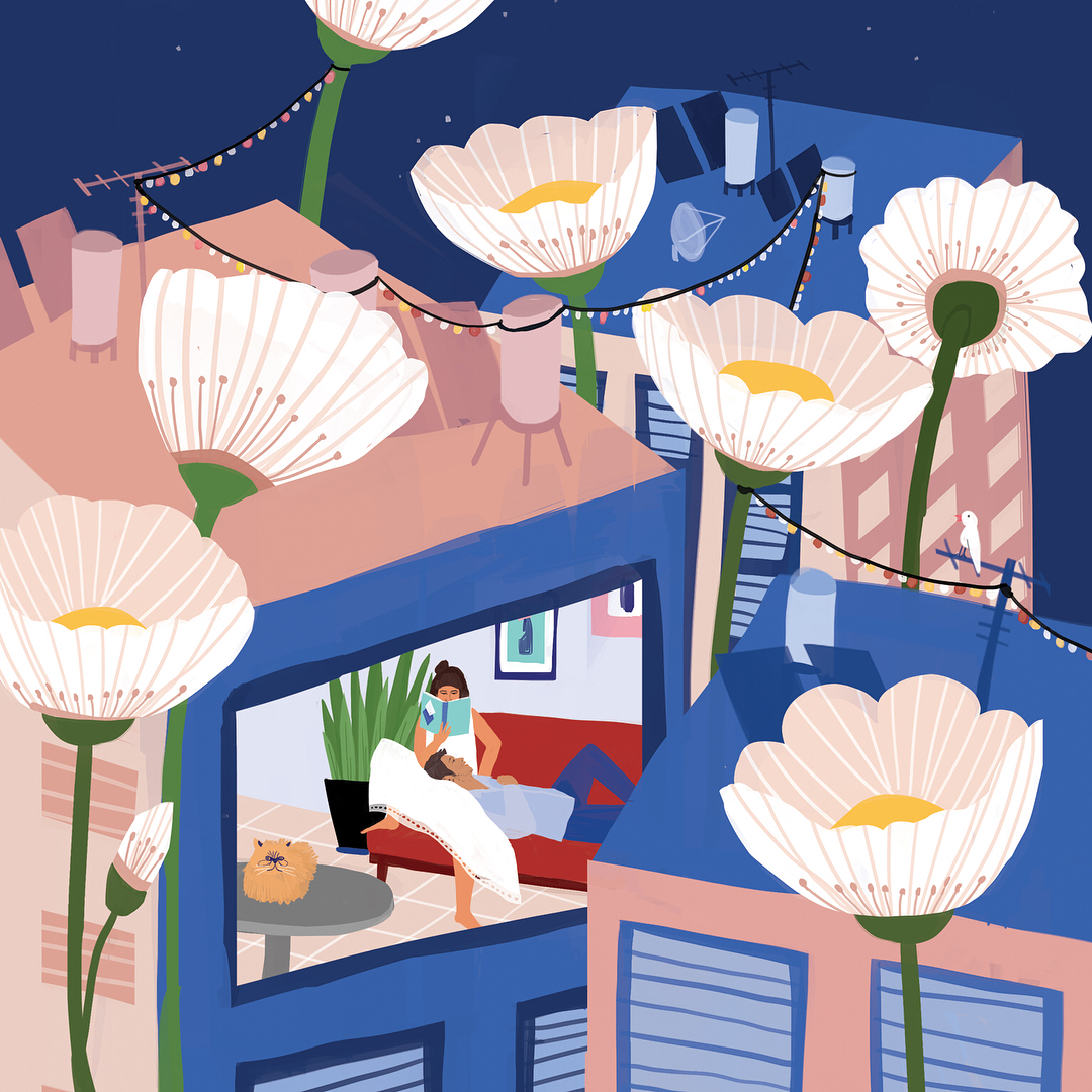 Illustration of a couple relaxing at home in a city apartment, viewed through flowers on adjacent building rooftops under a night sky.