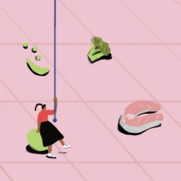 Digital illustration of a person on a swing with broccoli, salmon, and green vegetables on a pink background.