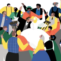 Illustration of a newly married couple kissing surrounded by a celebrating crowd of people in vibrant colourful clothing