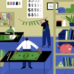 Illustration by Maya Ish-shalom depicting people working in a workshop with currency symbols, money garlands, and shelves.