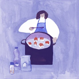 Watercolor illustration of a figure stirring a large pot containing tiny houses, with grocery items on the side.