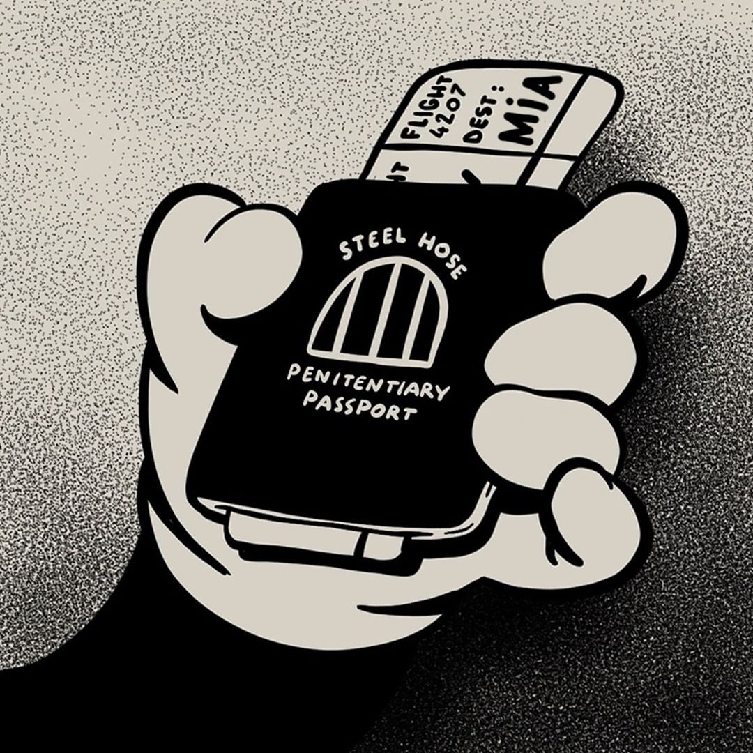 Illustration of cartoon hand holding a passport with an airplane ticket. The passport has a prison theme.