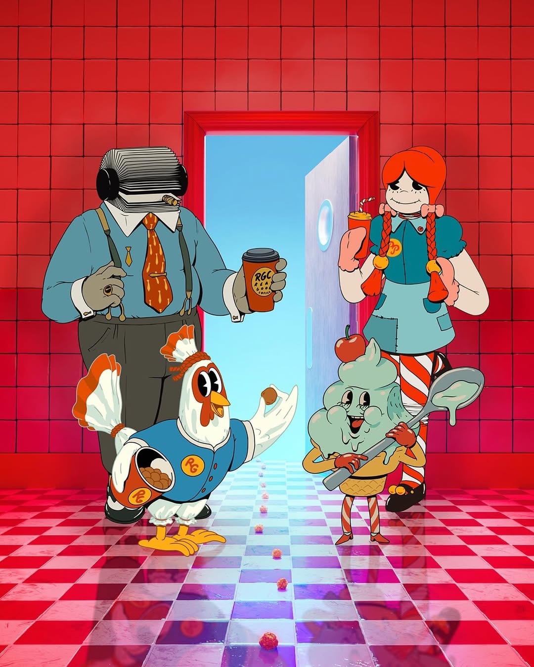 Cartoon characters gather in a tiled room: a book-headed man, a chicken in uniform, an ice cream figure, and a red-haired cartoon girl.