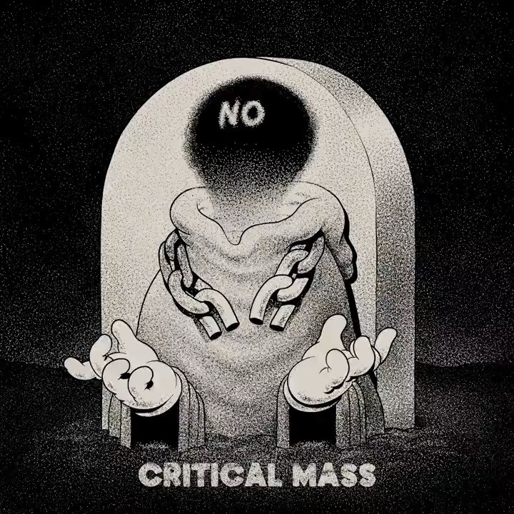Illustration of a figure emerging from a tombstone, bound by broken chains, with the word 'NO' above its head.