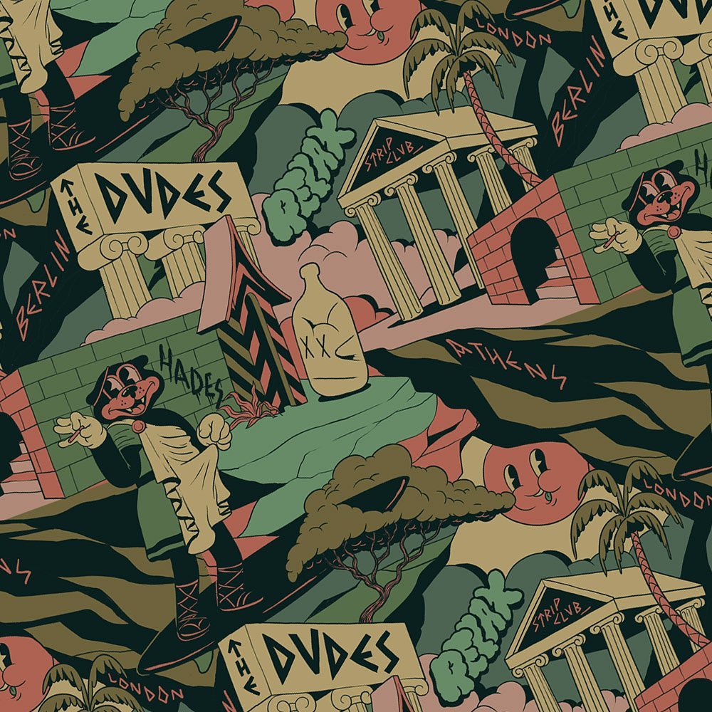 Cartoon-style pattern featuring illustrated figures, landmarks like Greek ruins, and palm trees in a vintage colour palette.