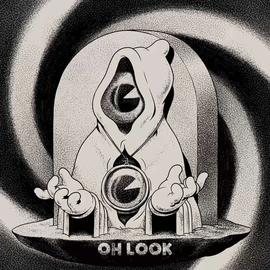 Monochrome illustration of a hooded figure with a Pac-Man symbol, standing against a swirling, dotted background, whimsical and surreal.