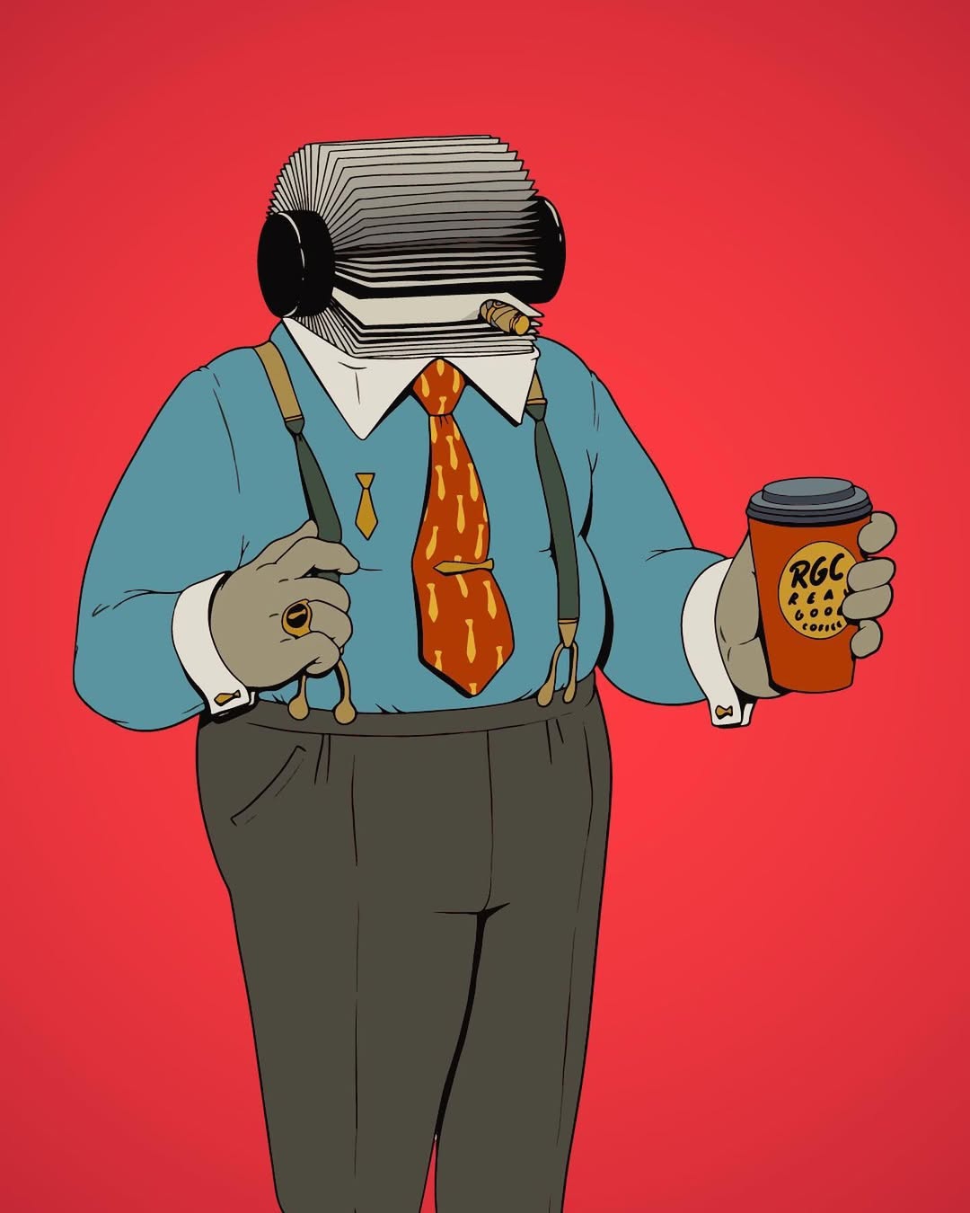 Illustration of a cartoon businessman figure with a rolodex for a head holding a cup of coffee on a red background.