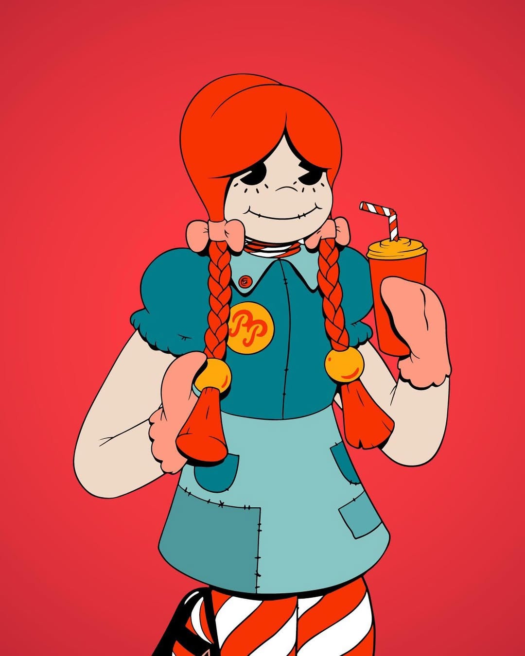 Illustration of a cartoon Raggedy Ann-style doll holding a red cup with a straw, set against a solid red backdrop.