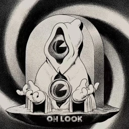 Detailed stipple illustration of a hooded figure wearing a large pendant, set against a swirling background with text reading oh look