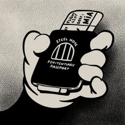 Monochrome illustration by Mcbess showing a cartoon gloved hand holding a dark passport with a protruding plane ticket.