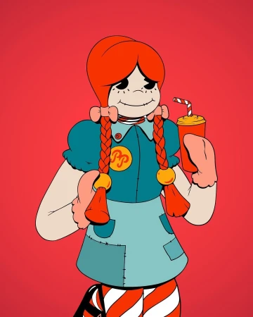 Illustrated character with red braided pigtails holding a red drink cup against a solid red background
