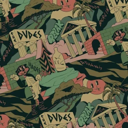 Detailed vector illustration featuring classical architecture, cartoon dog characters, and bold lettering by Mcbess.