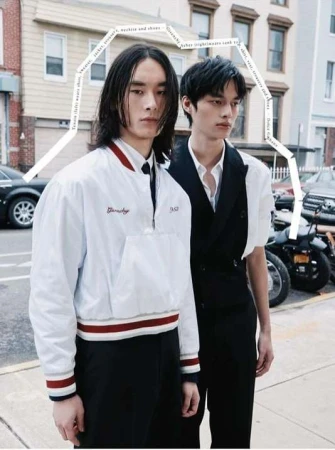 Two young adult models pose in street fashion against a city building backdrop, showcasing modern jackets and tailored vest styles.