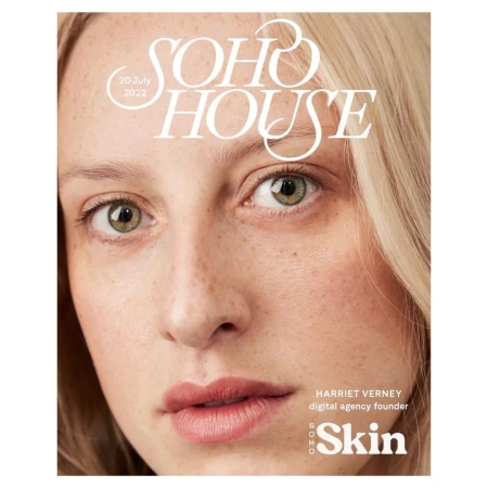 Close-up magazine cover featuring an adult woman with freckles, fair skin, and blonde hair, with white bold text reading 'Soho House'.