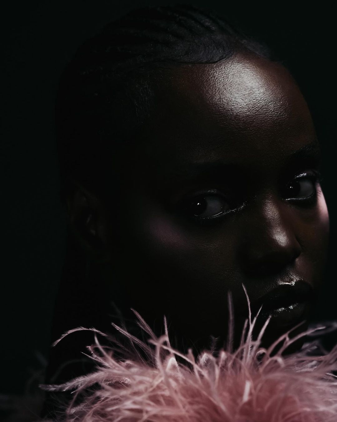 Close-up portrait of a Black woman with dark hair and glossy lips, gazing sideways against a dark background and wearing a feathered collar.