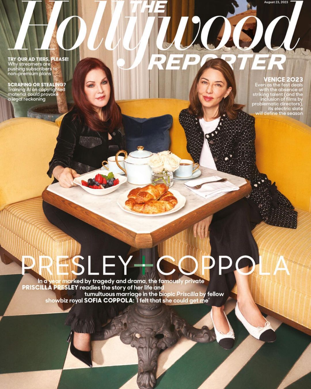 Cover of The Hollywood Reporter featuring Priscilla Presley and Sofia Coppola seated at a table with food, in a warm indoor setting.