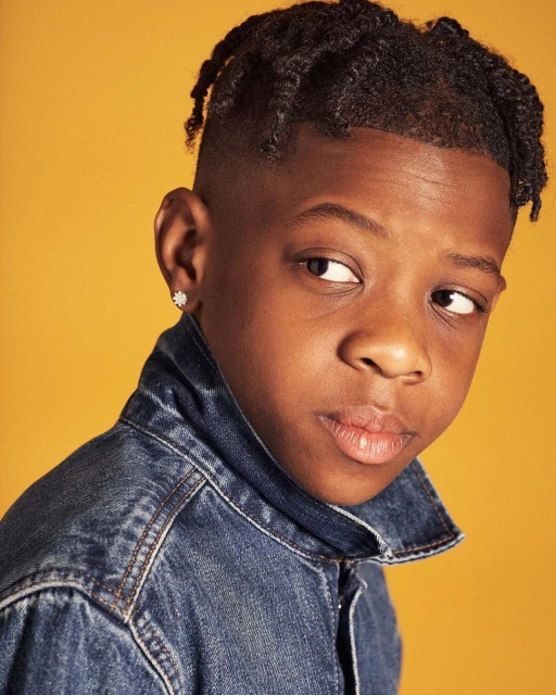Portrait of a serious young African-American boy in a blue denim jacket looking to the side against a yellow background in a studio shot.